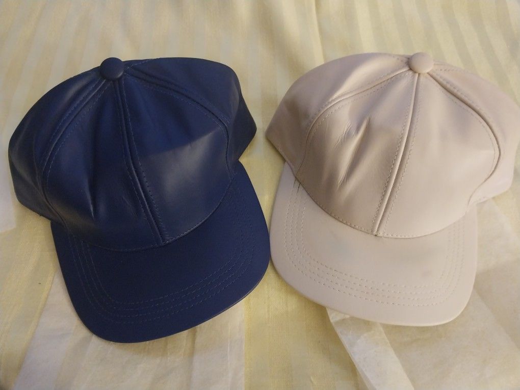 REDUCED - Set of Genuine Leather Baseball Ball Cap Adjustable - Navy & Beige