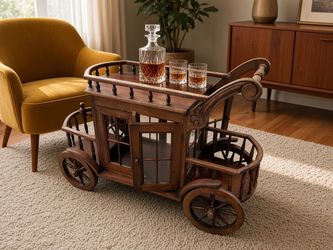 Vintage 70’s Stagecoach Wooden Bar Cart / Rolling Tea Trolley 48x18x32in