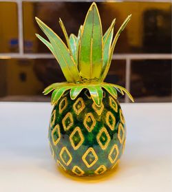 Beautiful cloisonné enamel pineapple with gold trim and hanging loop