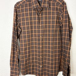 Hugo Boss Men’s Dress Shirt Small S Brown Orange Plaid Long Sleeve Button US(S)