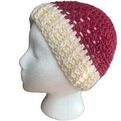 Vintage Handmade Crocheted Beanie Hat Fushia Pink/Off White 7"x8" Stretchable