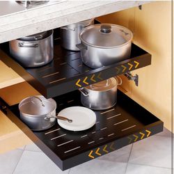 4367 Pull Out Cabinet Organizer, Expandable(11.7"-19.7") Heavy Duty Slide Out Drawers Fixed With Adhesive Nano Film For Pots, Roll Out Shelf Storage F