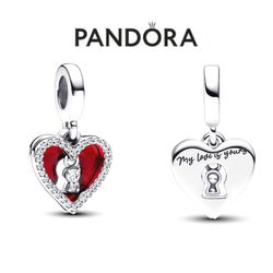 PANDORA Red Heart & Keyhole Double Dangle Charm w/box