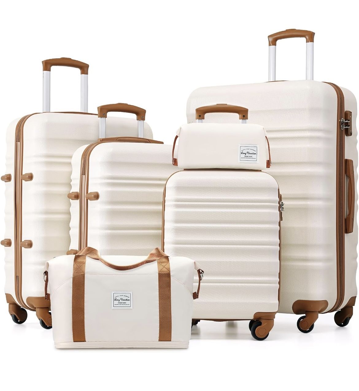 NEW - LONG VACATION 6 Piece Luggage Set Carry on Suitcase with ABS+PC hardshell, Spinner Wheels & YKK Zipper TSA Lock (CREAM-BROWN, 6 piece set)