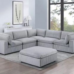 Brand New Light Grey Super Plush Corduroy Modular Sectional Sofa w Ottoman 
