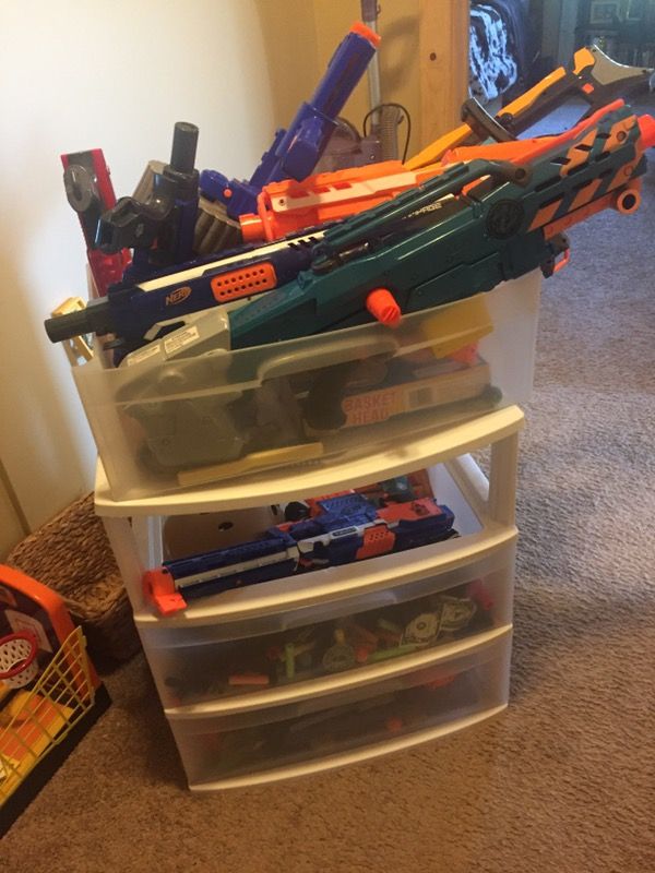 Nerf guns and storage bin
