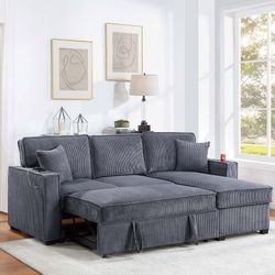 Convertible Sectional Reversible Storage Chaise W/ Cup Holder & USB & USB-C Port