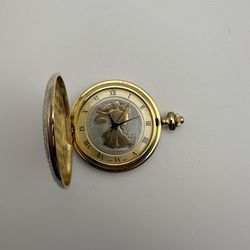 VTG Gold Tone Pocket Watch Hunter Case Japan Movt Roman Numeral Liberty Design