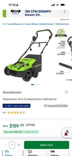 Greenworks 13 Amp 14-Inch Corded Dethatcher / Scarifier, 2-in-1 Electric Lawn Rake with 3-Position Depth Adjustment & Push-Button Start, Lawn Care Too