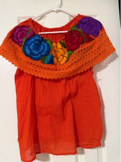 Vintage Mexican Embroidered Floral Orange Top