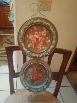 Vintage Hand Painted Wooden Plates With Metal Holder