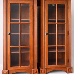 Solid Wood Glass Display Cabinets – Matching Pair With Light
