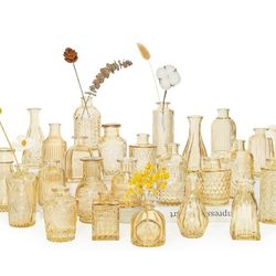 24pcs Glass Bud Vase Set, Small Gold Amber Flower Vases for Centerpieces in Bulk, Mini Vintage Vase for Wedding, Home,Table Decoration