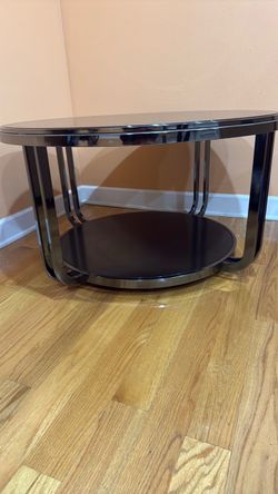 Oval Black Glass Coffee Table with Lower Shelf