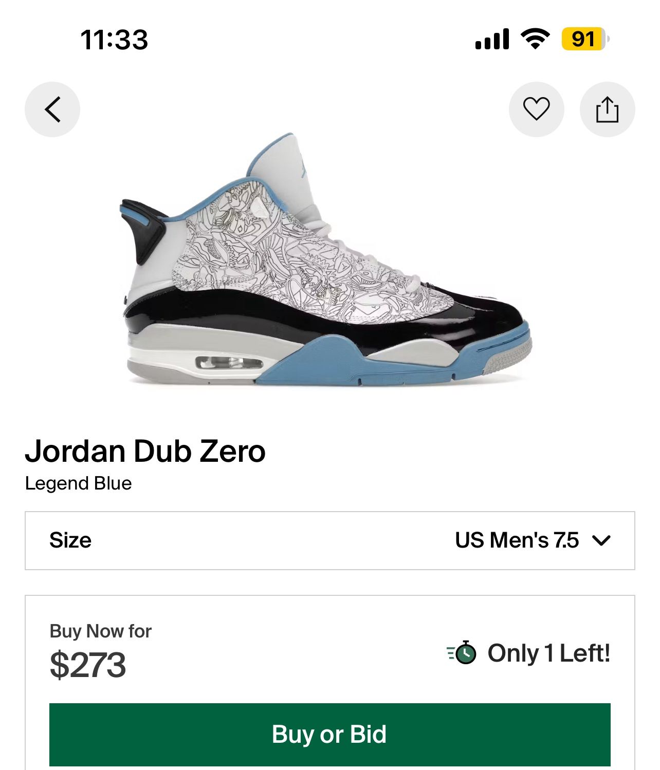 Jordan dub Zero “legend Blue” Brand New Size 7.5 Men 