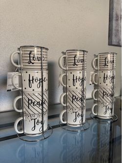Farmhouse Style Coffee Bar Mug Set with Holder Rack – 4 Ceramic Cups