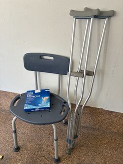 Crutches, cast protector and adjustable shower chair