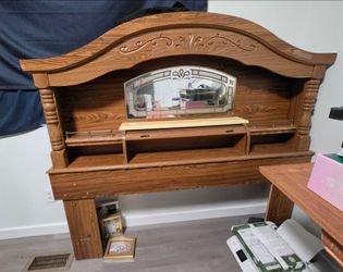 Vintage Oak Storage Headboard with Mirror & Shelves