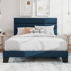 Full Platform Bed Frame with Upholstered Fabric Headboard, Blue Upholstered Bed Frame with Headboard/Mattress Foundation with Strong Wooden Slats Supp