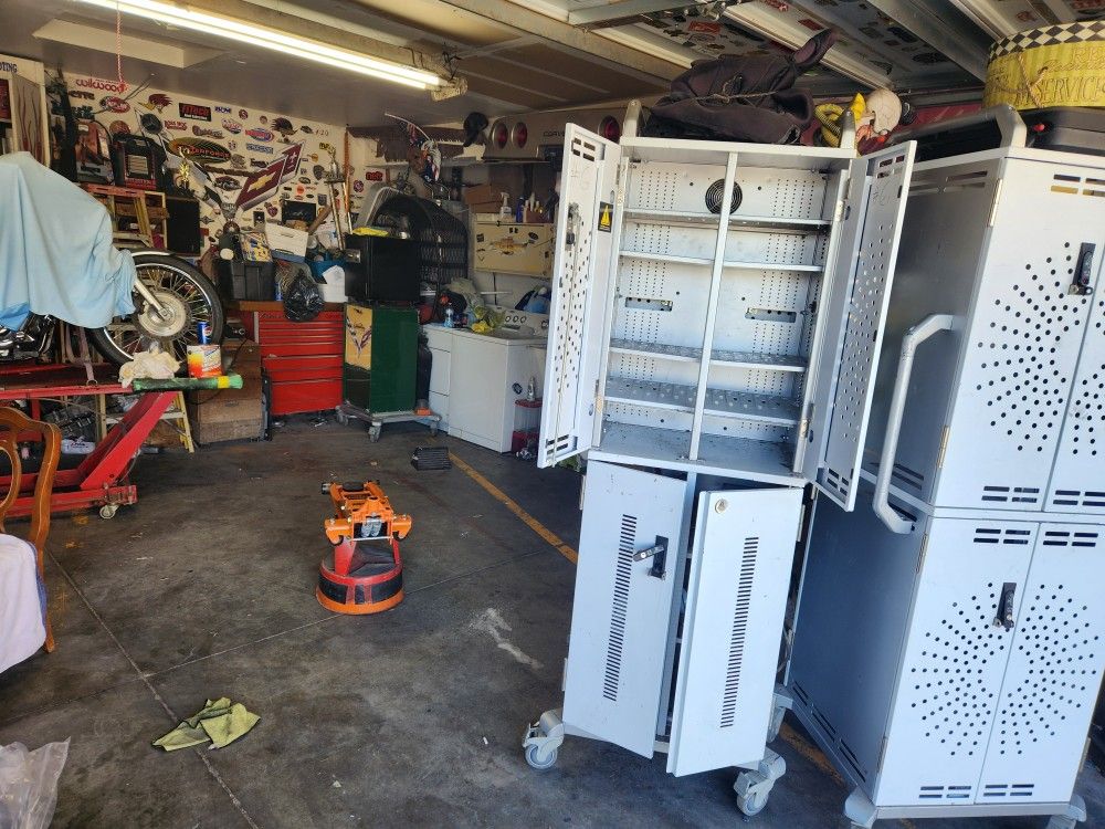 Lockable ,rolling, ( 4 Way Casters W/ Brakes ) Metal Cabinets W/ 110 Volt Power Supply's (40 Sockets )