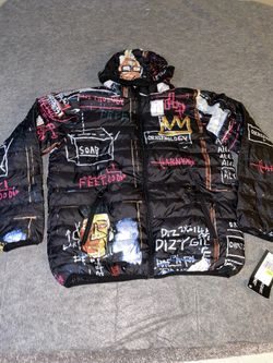 Jean-Michel Basquiat x Members Only Puffer Jacket Size M Black Hooded Ornithology Art Print (NWT) 