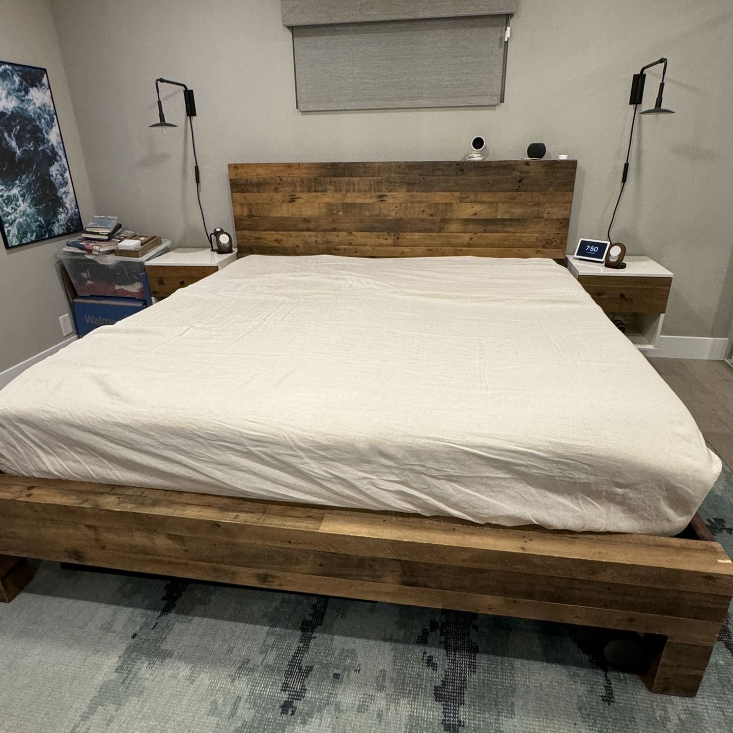 West Elm Reclaimed Wood Modern Bed (brown) Set With 2 Nightstand Tables