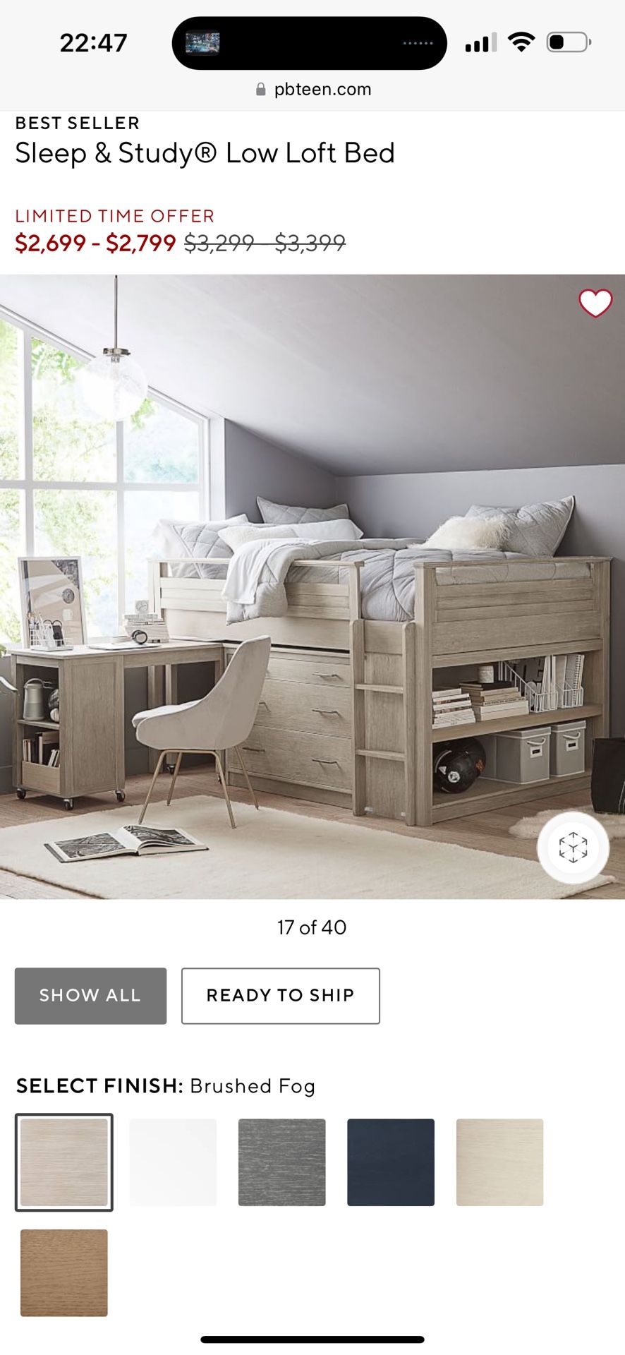 Pottery Barn Teen Sleep & Study Low Loft Bed-FULL