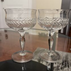 Vintage Crystal Champagne Coupes (Pair of 2) Leaf/Laurel pattern Mid Century