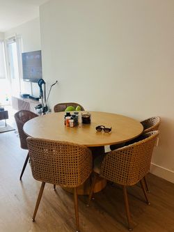 Linen Upholstered Rattan Backrest Dining Chairs with Arm & Dining Table