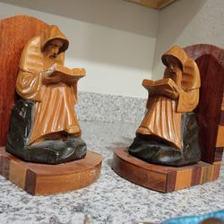 Vintage Mid Century Hand Carved Praying Monks Bookends Wooden