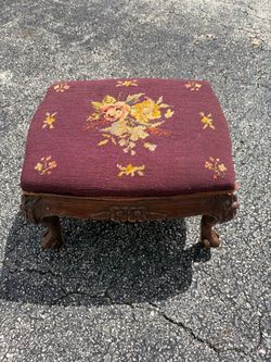 Antique Needlepoint Footstool with Carved Wood Base