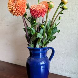 Rustic Vintage Cerind ceramic glazed pottery cobalt blue porcelain pitcher / jug vase Portugal
