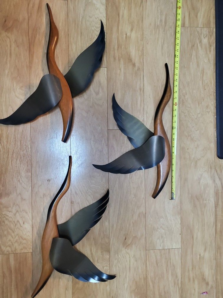 1960’s Mid Century Brass and Wood Masketeers, Inc Wall Hanging Ducks