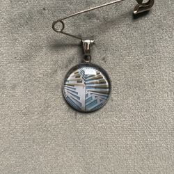 Stainless Steel 1 Inch Pendant w/ Abstract Design Lite Blue White Brown