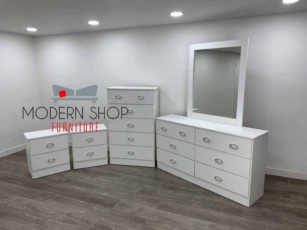 DRESSER WITH MIRROR, CHEST AND TWO NIGHSTANDS