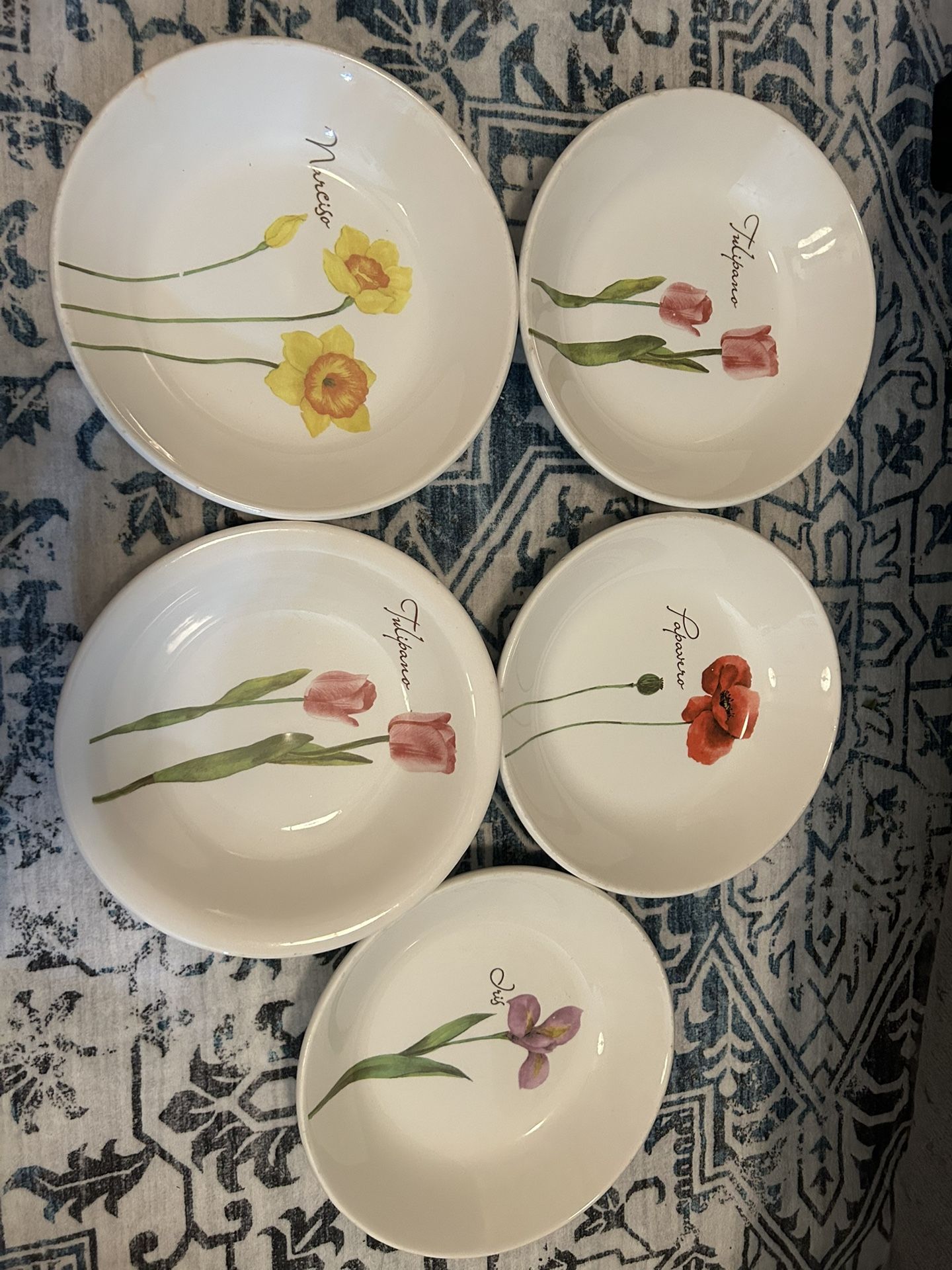 Vtg Opificio Etico Ceramiche Floral Salad Plates Set/5 Poppies/Tulips/Iris Italy