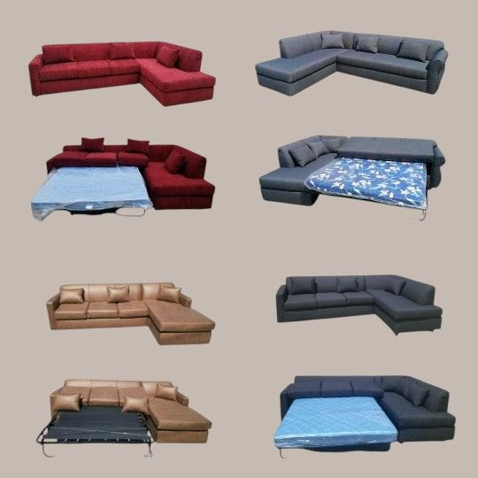 NEW 7X9FT And 5.5x9ft SECTIONAL COUCHES With SLEEPER, WHITE LEATHER, CHARCOAL, BLACK, BLACK, CHOCOLATE COMBO/ MORE COLOR AVAILABLE / More FABRICS