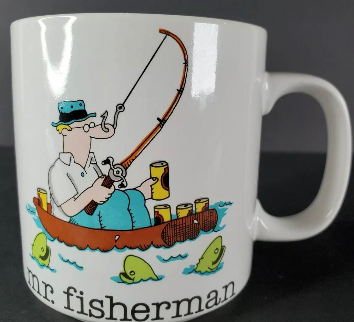Vintage Jim Benton Coffee Mug Mr. Fisherman Papel Small White Comic Coffee Mug