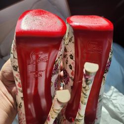 Louboutin " red bottoms " fetish peep toe 150 floral. Sz 37 or 6.5 designer in box with receipt