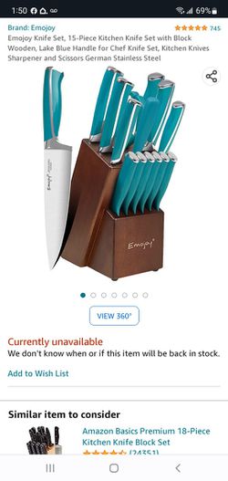Emojoy 15 Piece Kitchen Knife Set with Block Wooden for Sale in