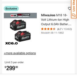 Brand New M18 RedLithium Xc6.O Milwaukee Batteries 