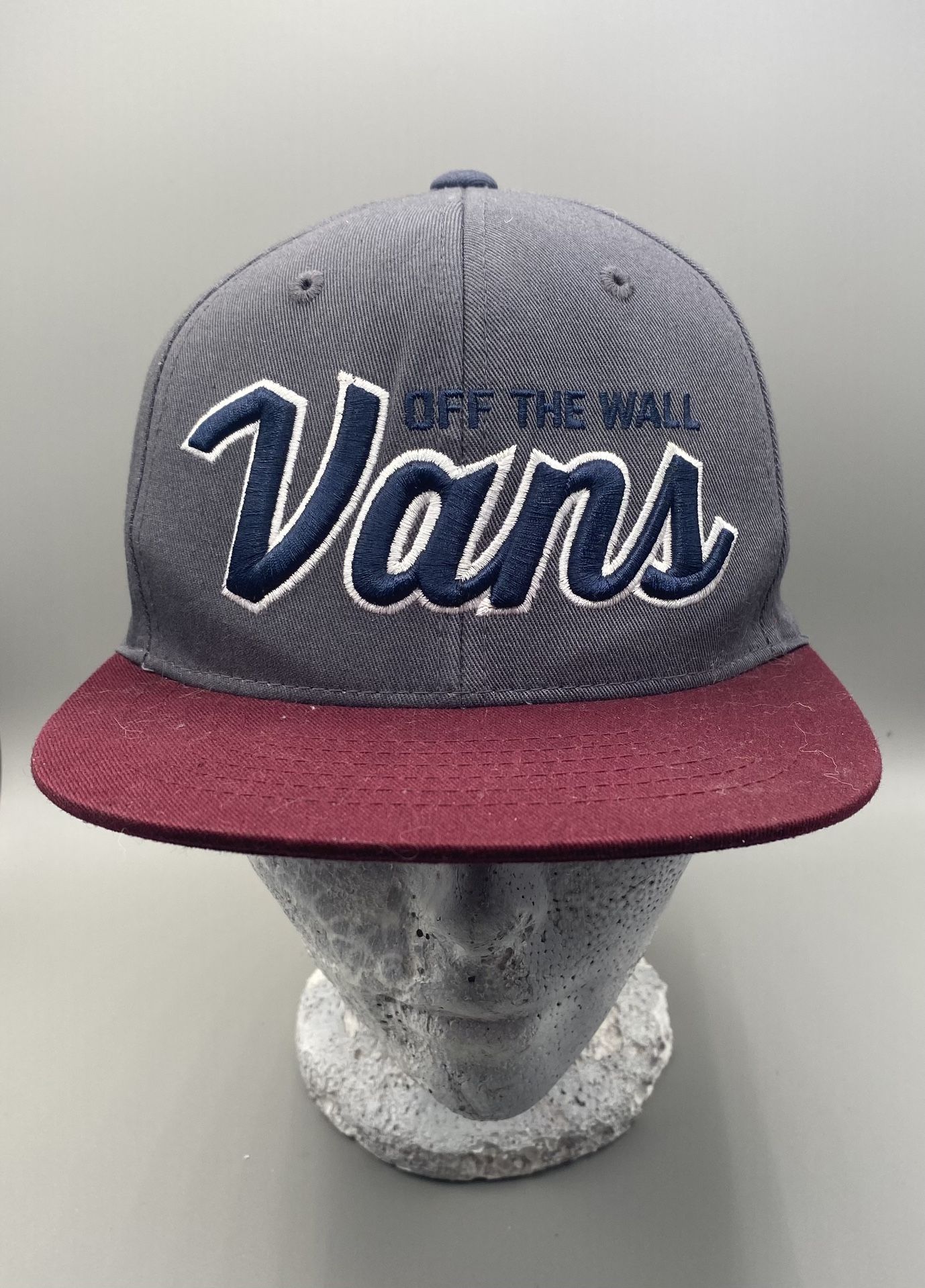 Vans Off The Wall Flat Brim Grey / Burgundy / Blue Script SnapBack Hat