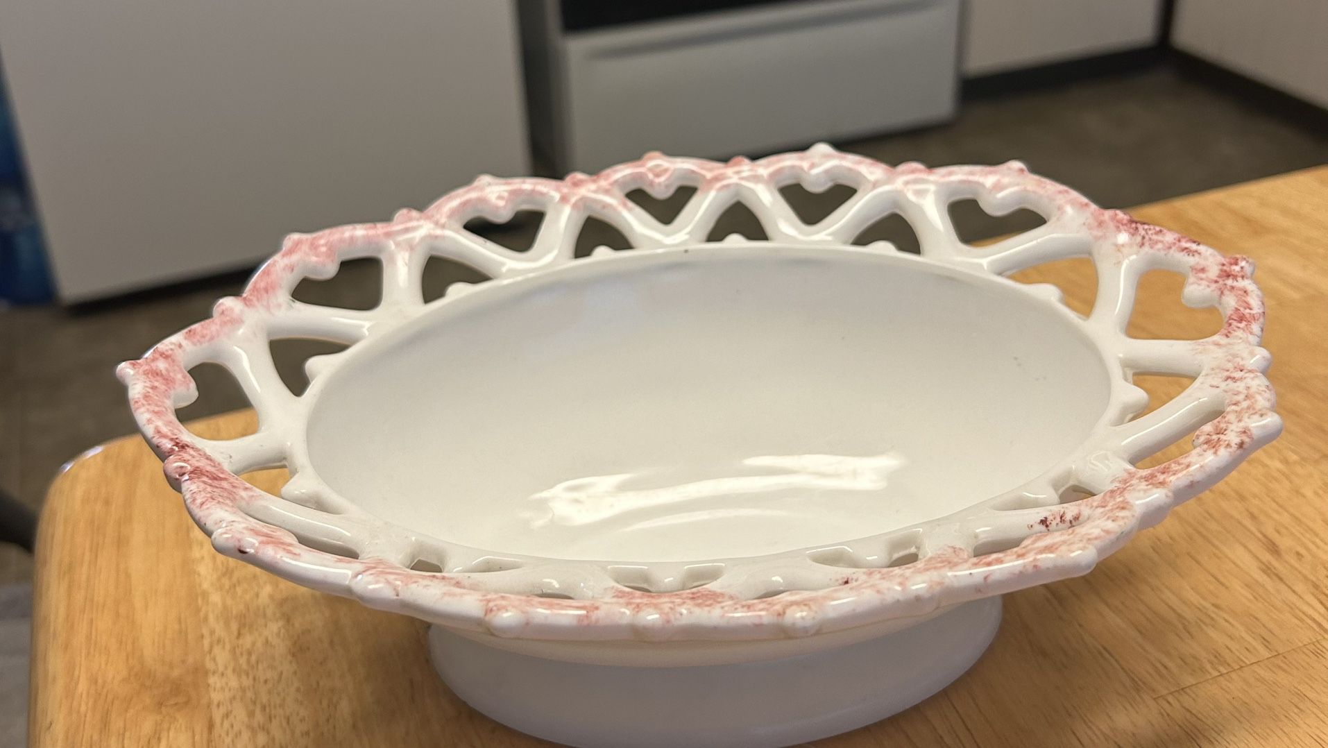 Vintage Painted Milk Glass Oval Bowl Open Lace Edge 