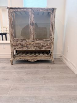 Living Spaces Distressed Wine &bar cabinet/curio Hutch(Rustic French)