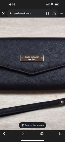 Kate Spade wallet/wristlet  6.5" x 3".  Removable wristlet strap.  It is about 6.75" by 4.25".  Gold tone hardware.  