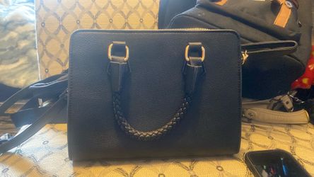 Black Leather Satchel Handbag with Braided Handle
