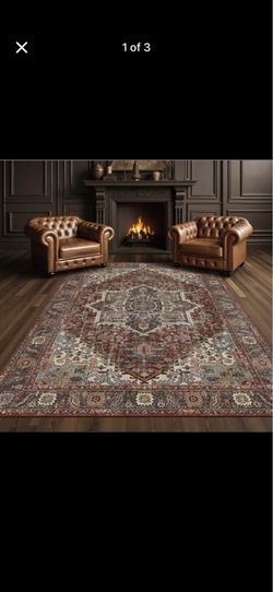 Luxurious Modern Maroon Medallion Rug, low-pile and easy care. ⚡ Send your best offer!