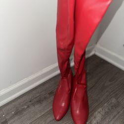 Bold Red Slouchy Knee-High Heeled Boots – Size 8 | Power Statement Shoes