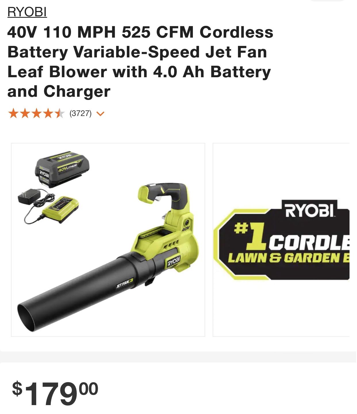 Ryobi Cordless Battery Variable-Speed Jet Fan Leaf Blower with 4.0 Ah Battery and Charger