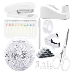 Office Supplies,White Desk Accessories,Stapler and Tape Dispenser Set for Women with Stapler,Tape Dispenser,Staple Remover,Staples,Clips,Scissors and